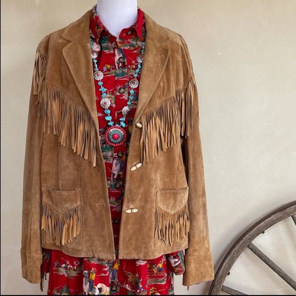 RALPH LAUREN Soft Camel Leather Western Fringed Jacket Bone Buttons Rare Sz 3x!! - Picture 2 of 14